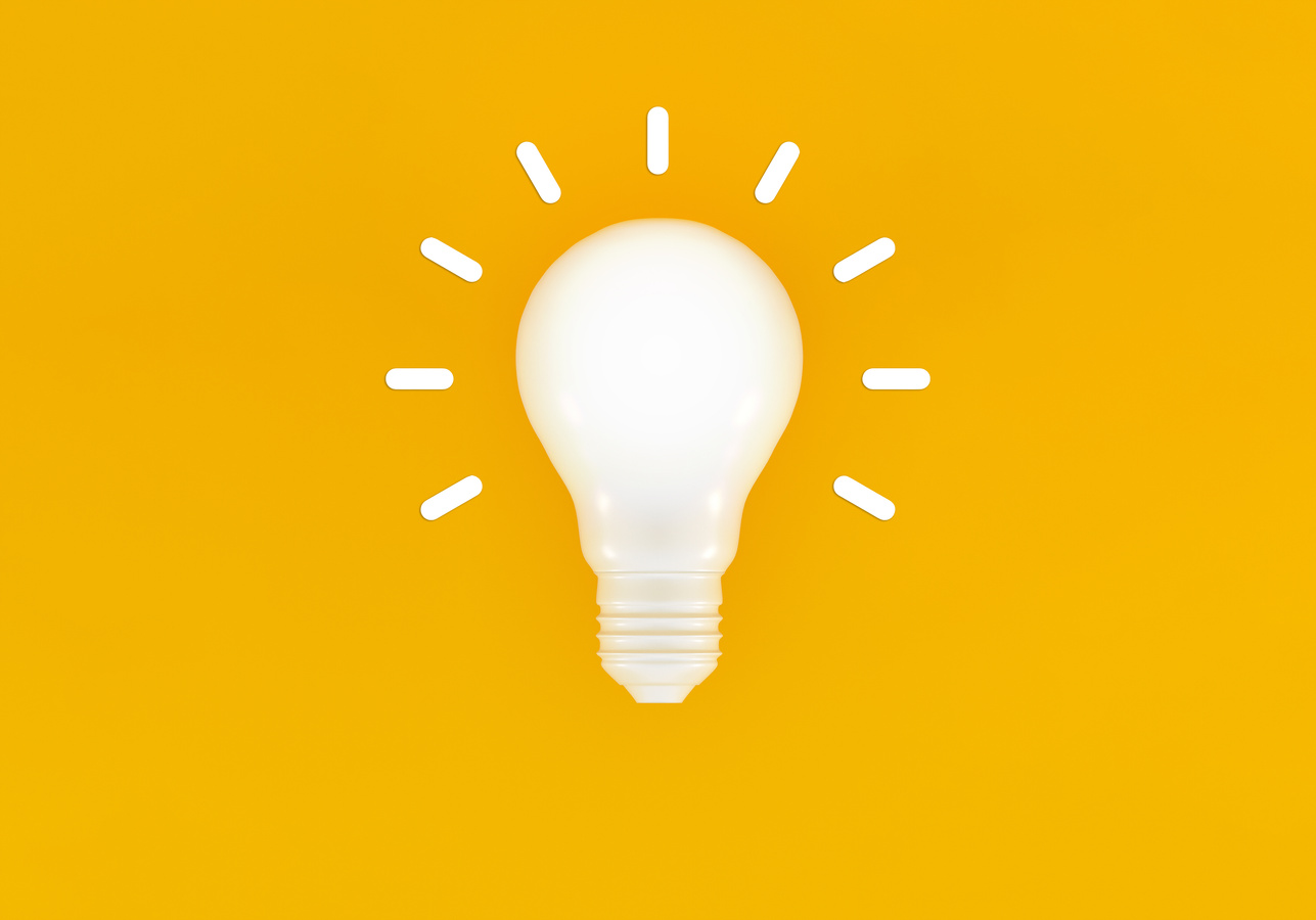 Light bulb idea concept top view on yellow background. 3D re